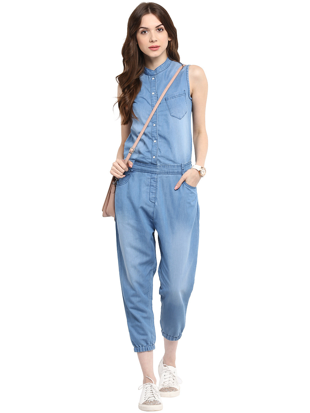 Women's  Denim Mandarin Collar Jumpsuit