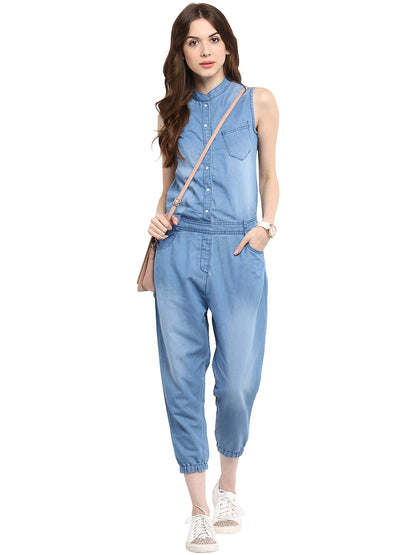 Women's  Denim Mandarin Collar Jumpsuit