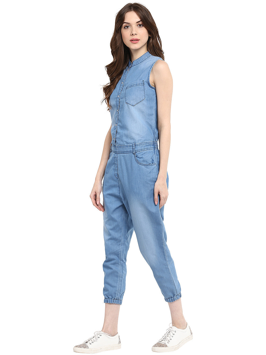 Women's  Denim Mandarin Collar Jumpsuit