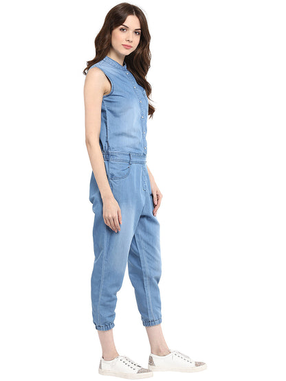 Women's  Denim Mandarin Collar Jumpsuit