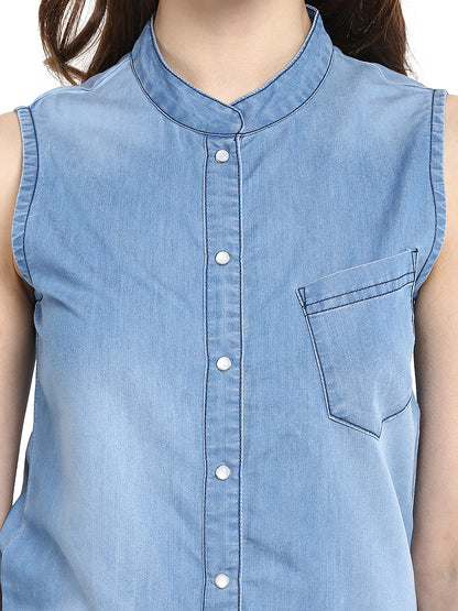 Women's  Denim Mandarin Collar Jumpsuit