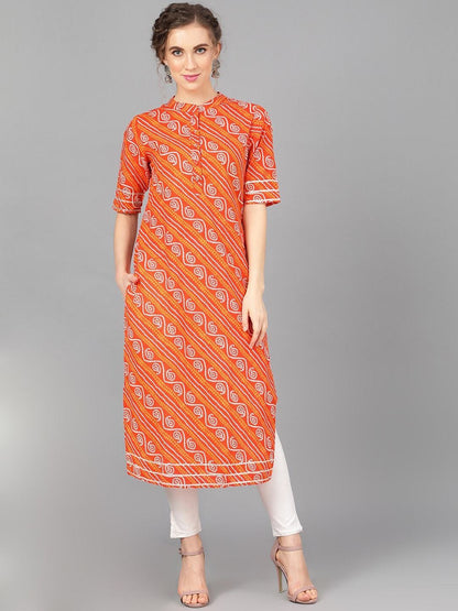 Women's  Orange & White Printed A-Line Kurta