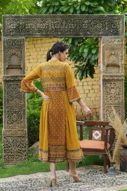 Women's  Mustard Georgette Festive Printed Flared Dress For Women