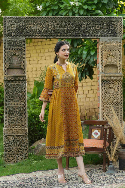 Women's  Mustard Georgette Festive Printed Flared Dress For Women
