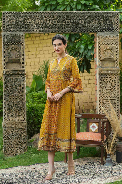 Women's  Mustard Georgette Festive Printed Flared Dress For Women