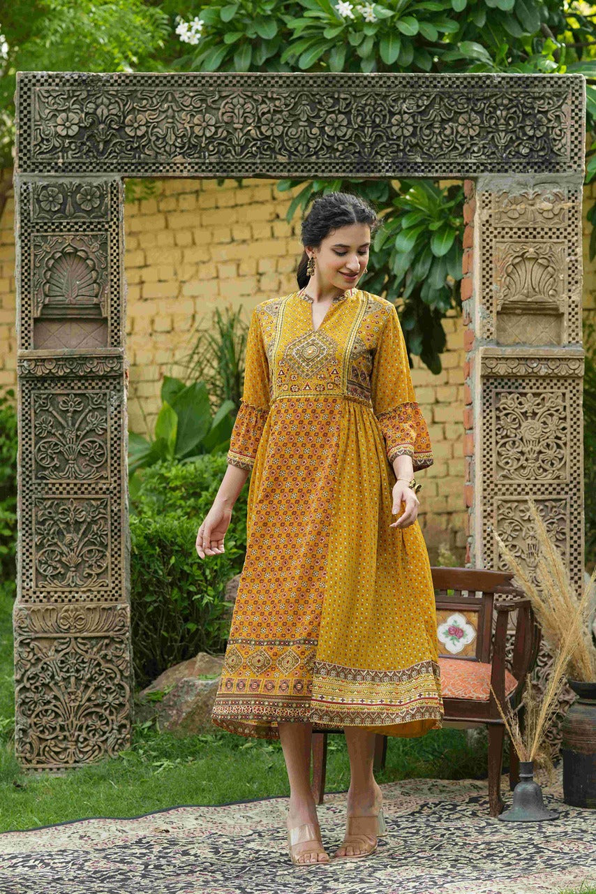 Women's  Mustard Georgette Festive Printed Flared Dress For Women