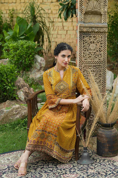 Women's  Mustard Georgette Festive Printed Flared Dress For Women
