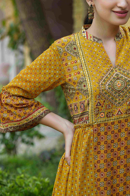 Women's  Mustard Georgette Festive Printed Flared Dress For Women