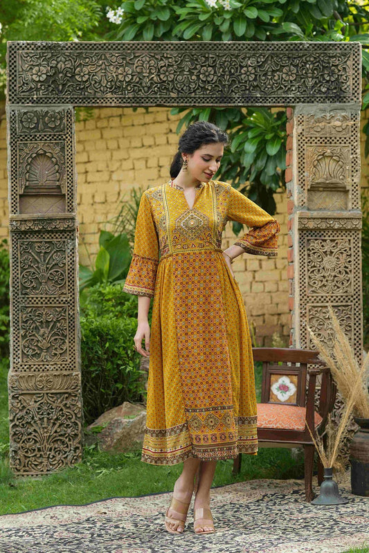 Women's  Mustard Georgette Festive Printed Flared Dress For Women