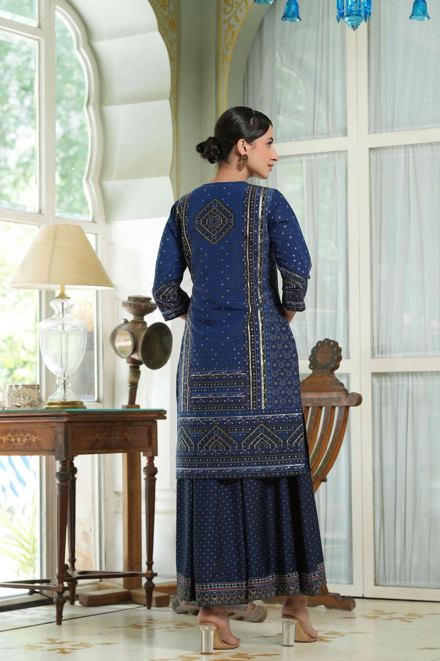 Women's  Indigo Chanderi Placement Printed Double Layred Kurta Dress