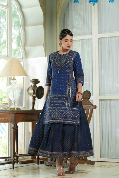 Women's  Indigo Chanderi Placement Printed Double Layred Kurta Dress