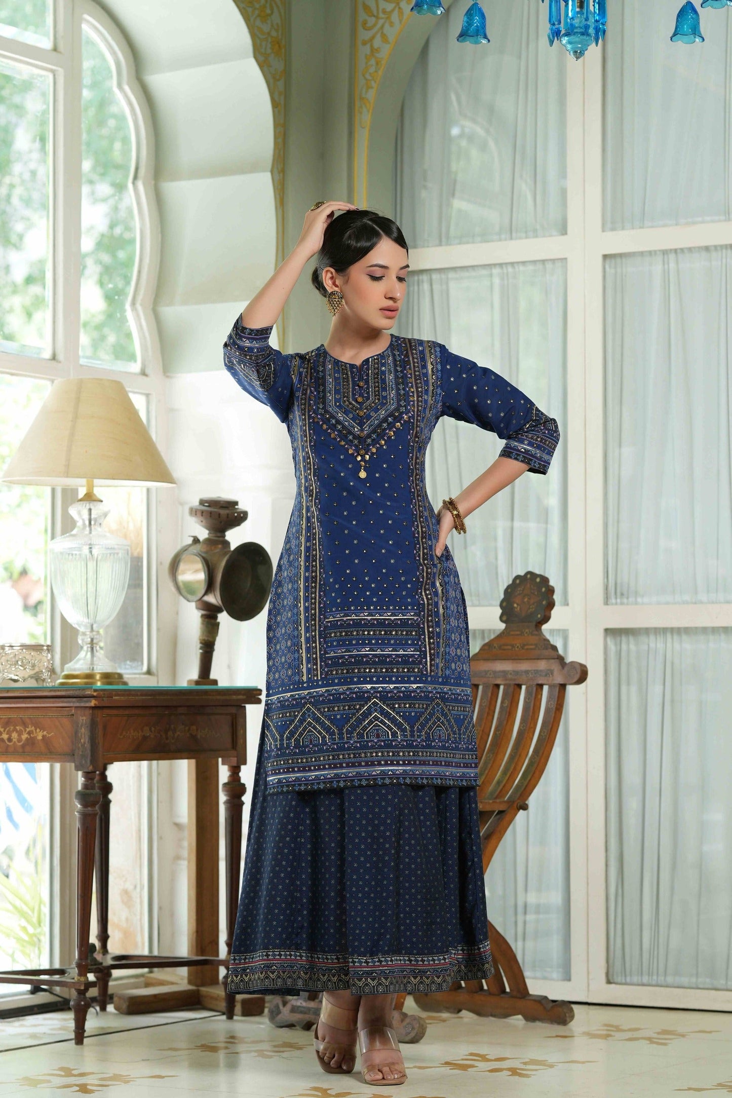 Women's  Indigo Chanderi Placement Printed Double Layred Kurta Dress
