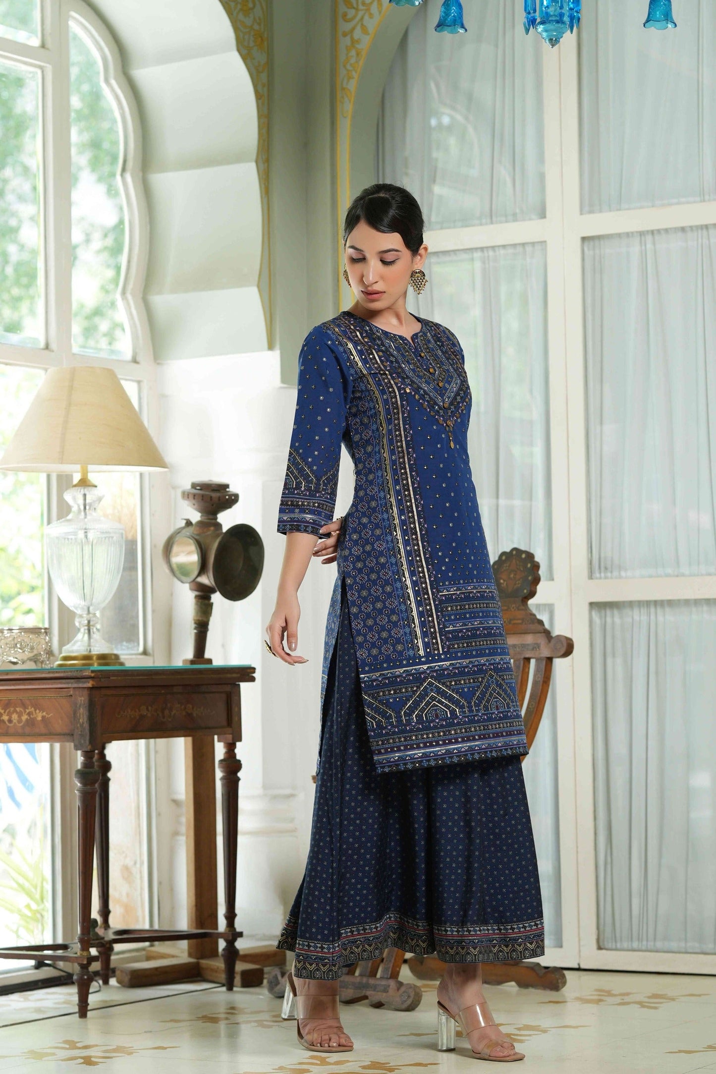 Women's  Indigo Chanderi Placement Printed Double Layred Kurta Dress