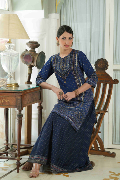 Women's  Indigo Chanderi Placement Printed Double Layred Kurta Dress
