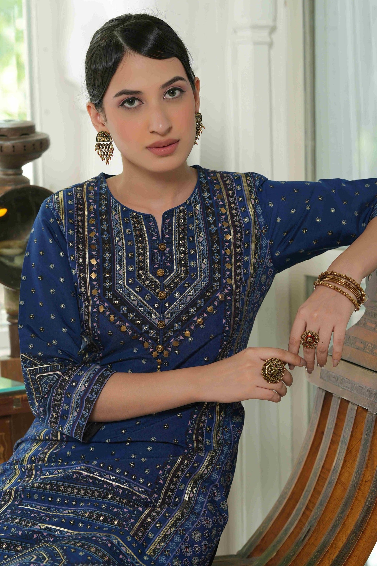 Women's  Indigo Chanderi Placement Printed Double Layred Kurta Dress