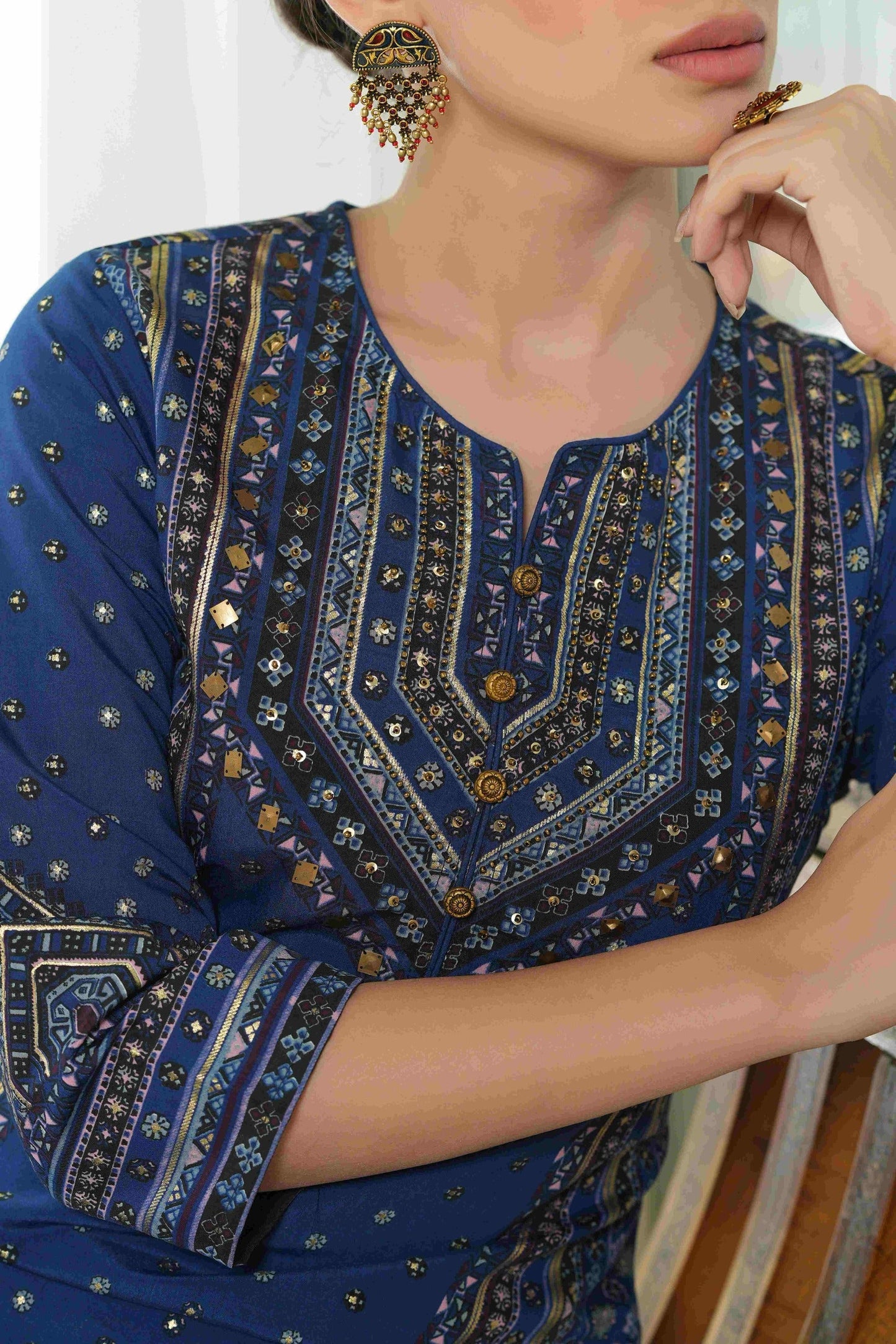 Women's  Indigo Chanderi Placement Printed Double Layred Kurta Dress