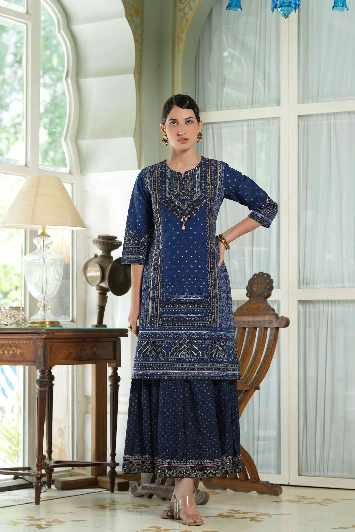 Women's  Indigo Chanderi Placement Printed Double Layred Kurta Dress