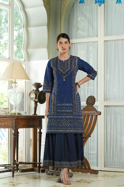 Women's  Indigo Chanderi Placement Printed Double Layred Kurta Dress