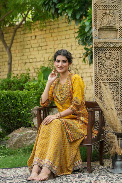 Women's  Mustard Chanderi Placement Printed Double Layred Kurta Dress