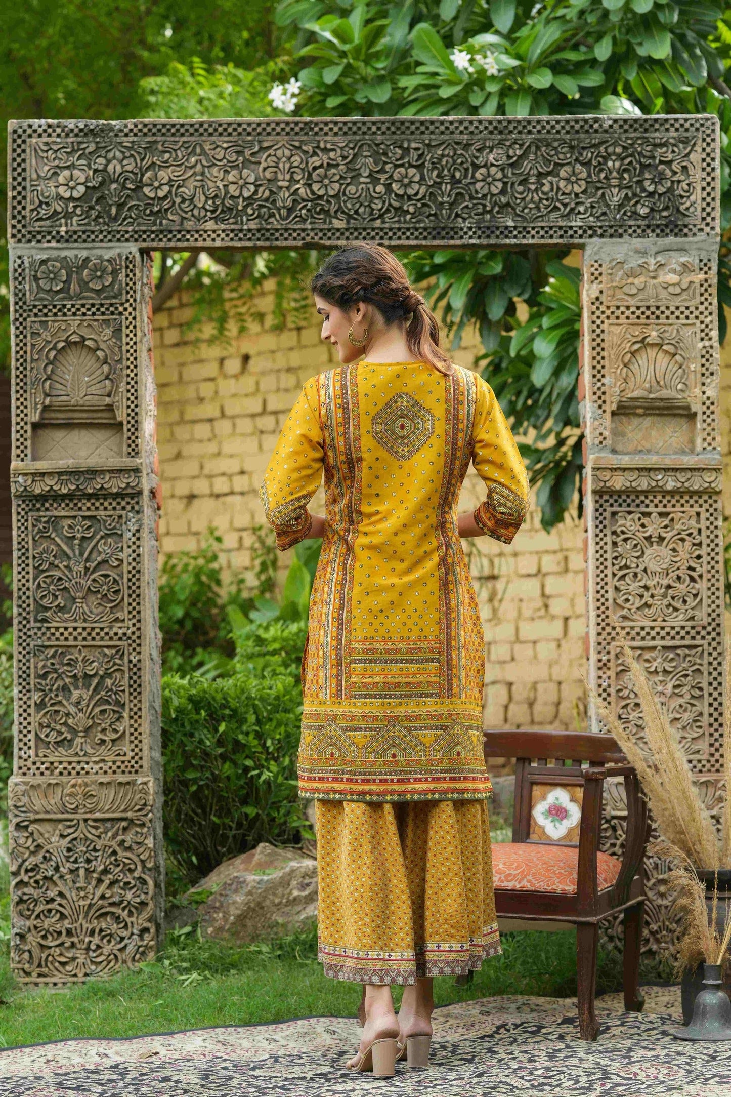 Women's  Mustard Chanderi Placement Printed Double Layred Kurta Dress