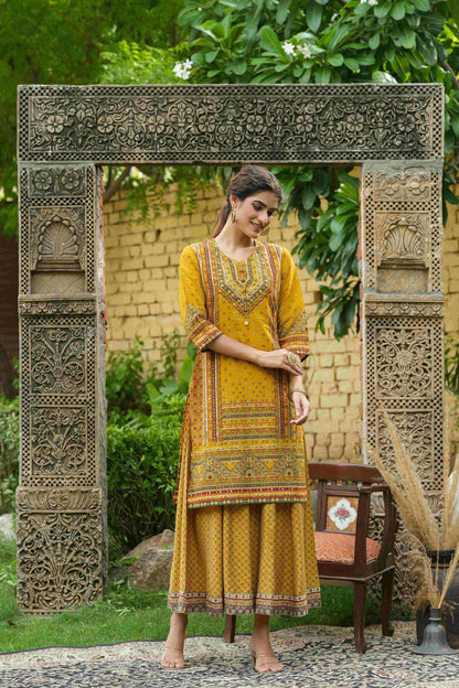 Women's  Mustard Chanderi Placement Printed Double Layred Kurta Dress