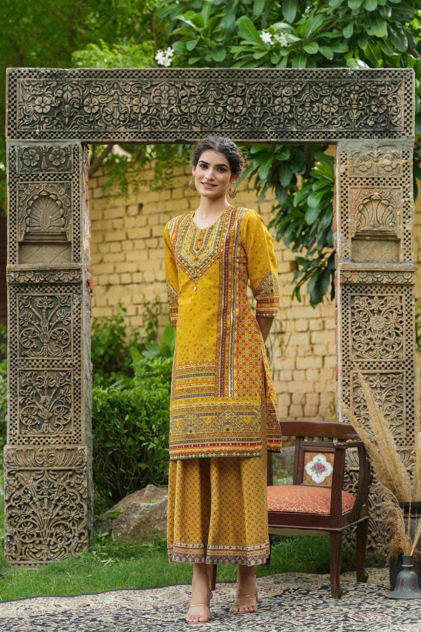 Women's  Mustard Chanderi Placement Printed Double Layred Kurta Dress