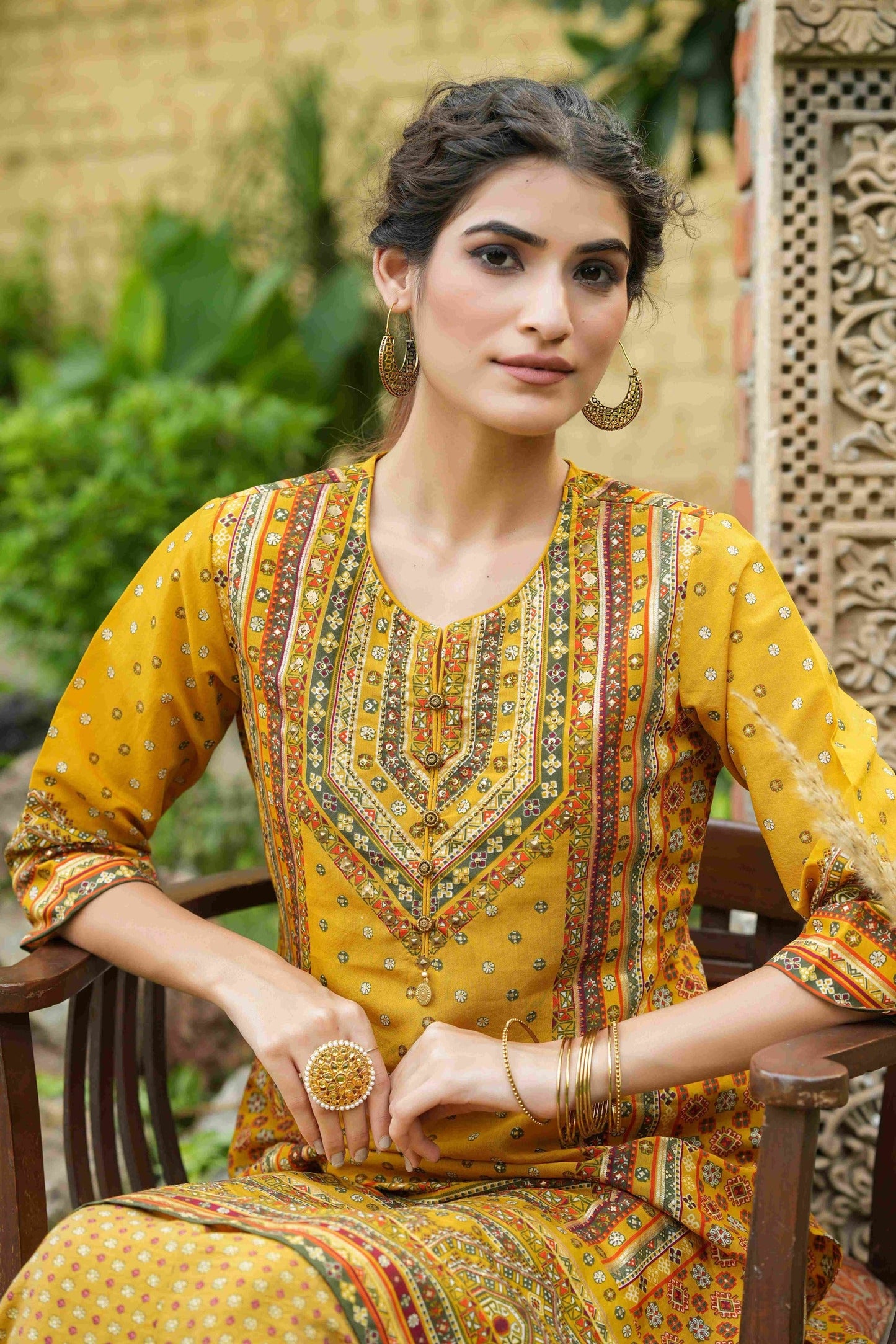 Women's  Mustard Chanderi Placement Printed Double Layred Kurta Dress