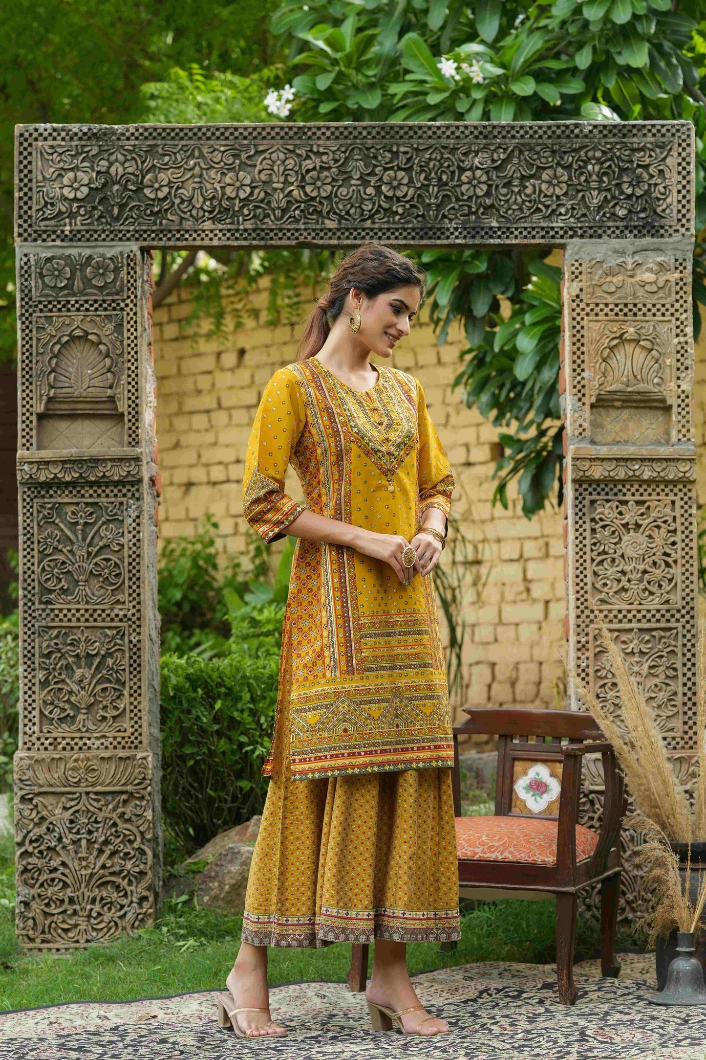 Women's  Mustard Chanderi Placement Printed Double Layred Kurta Dress