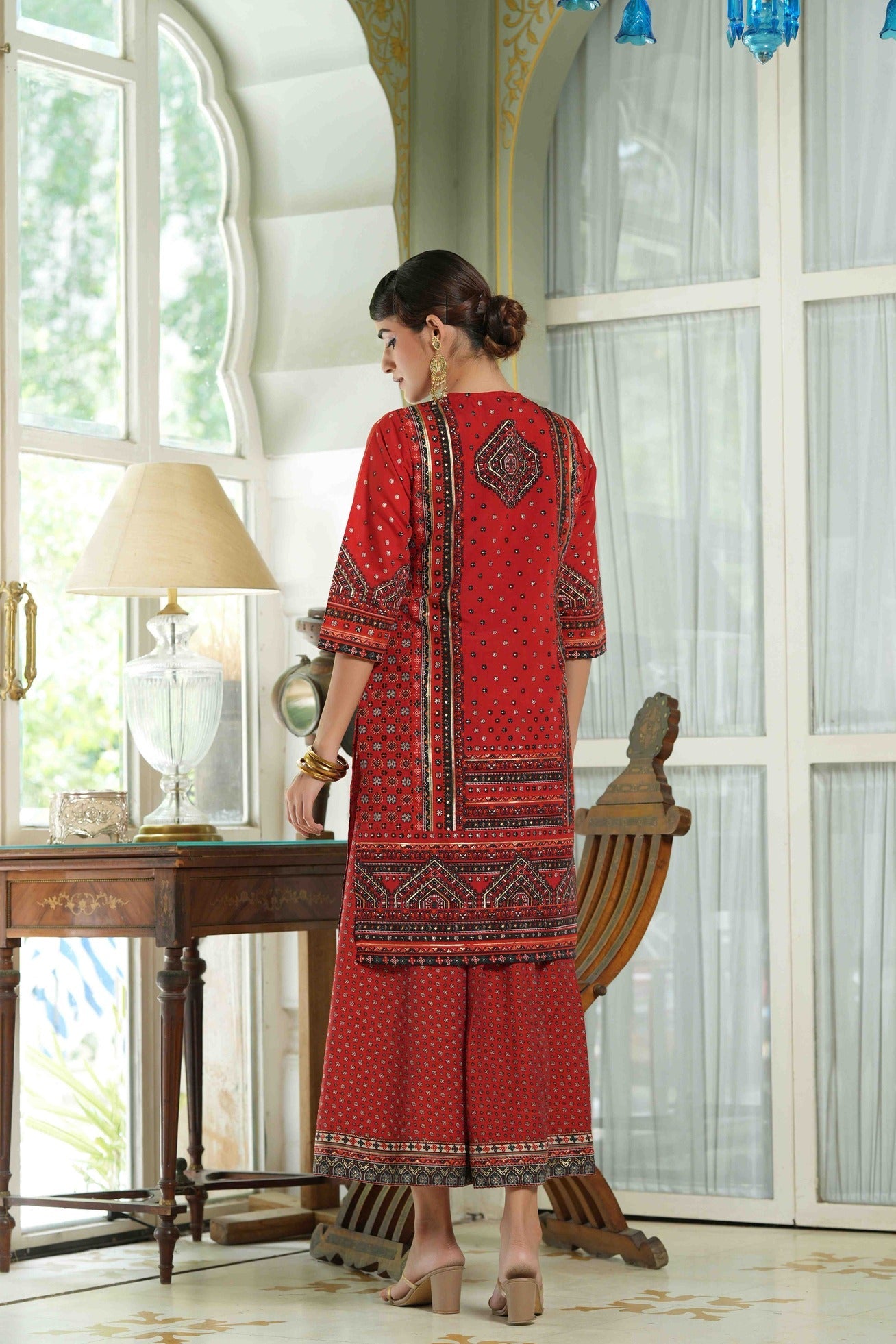 Women's  Red  Chanderi Placement Printed Double Layred Kurta Dress