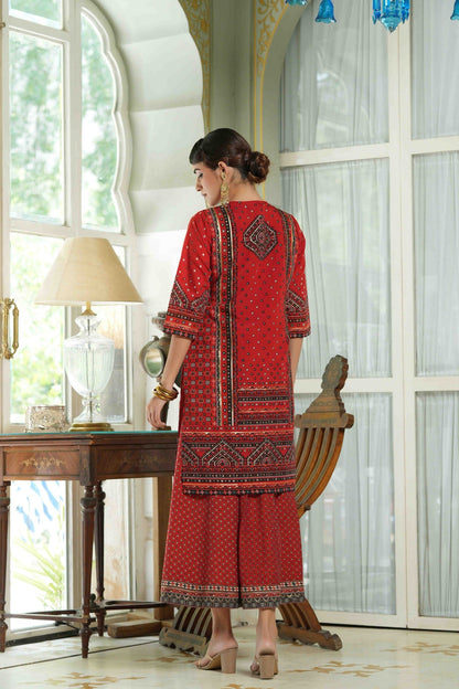 Women's  Red  Chanderi Placement Printed Double Layred Kurta Dress