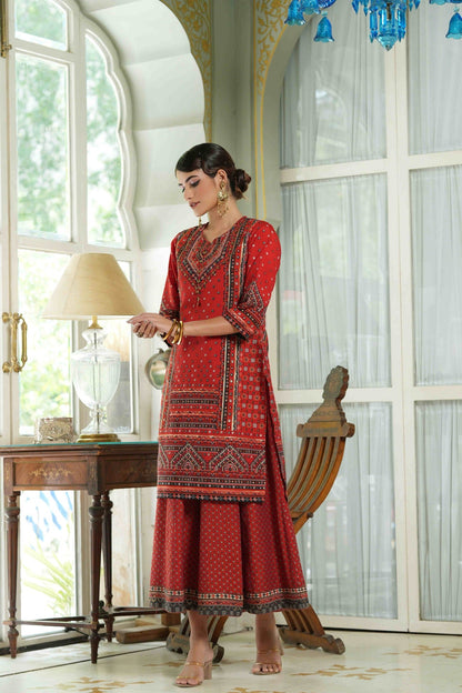 Women's  Red  Chanderi Placement Printed Double Layred Kurta Dress