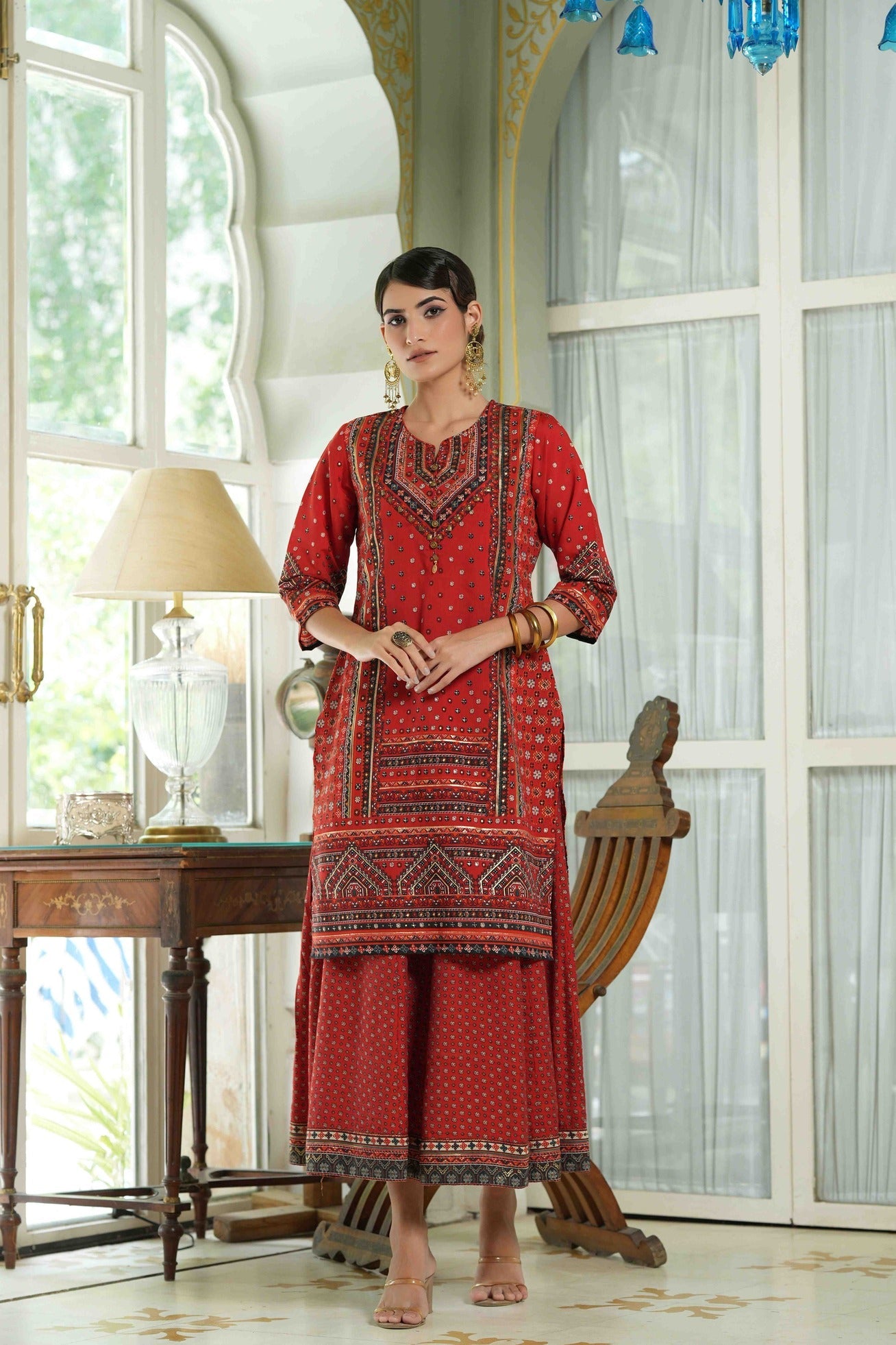 Women's  Red  Chanderi Placement Printed Double Layred Kurta Dress