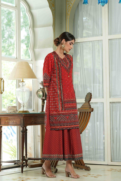 Women's  Red  Chanderi Placement Printed Double Layred Kurta Dress