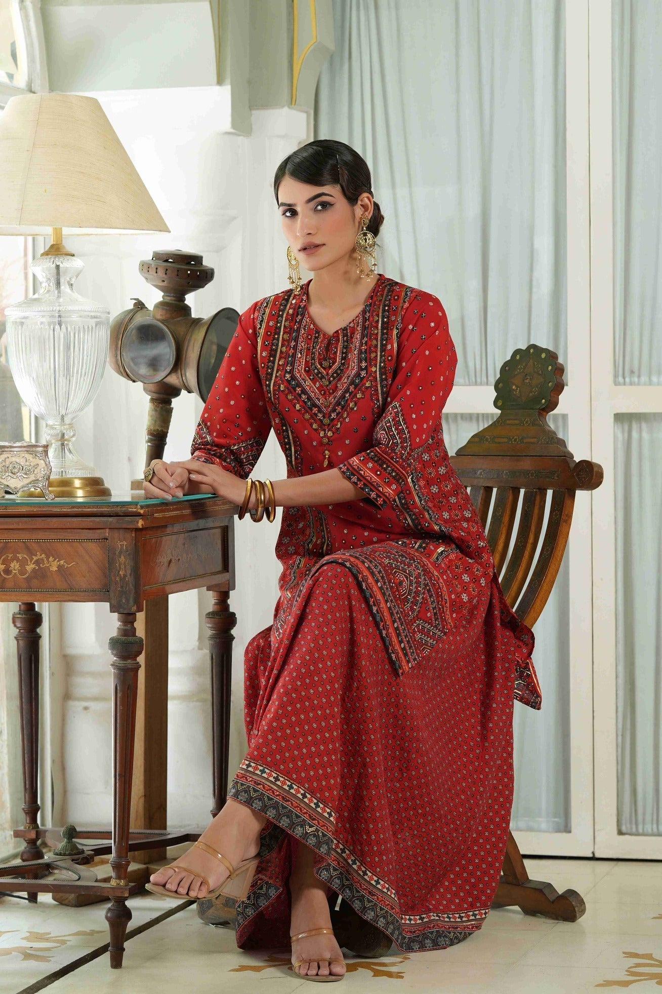 Women's  Red  Chanderi Placement Printed Double Layred Kurta Dress