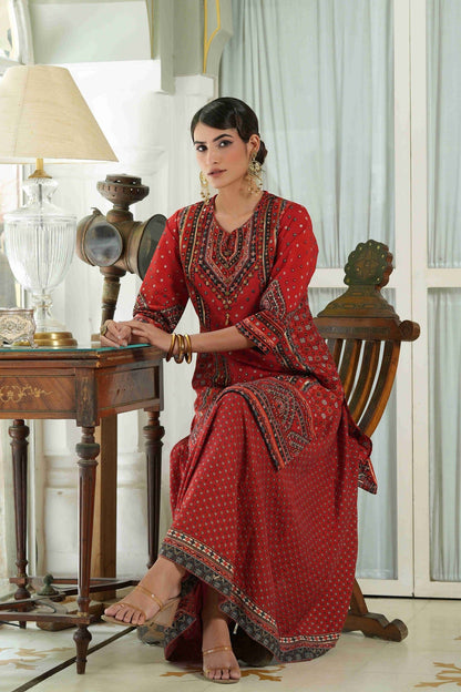 Women's  Red  Chanderi Placement Printed Double Layred Kurta Dress