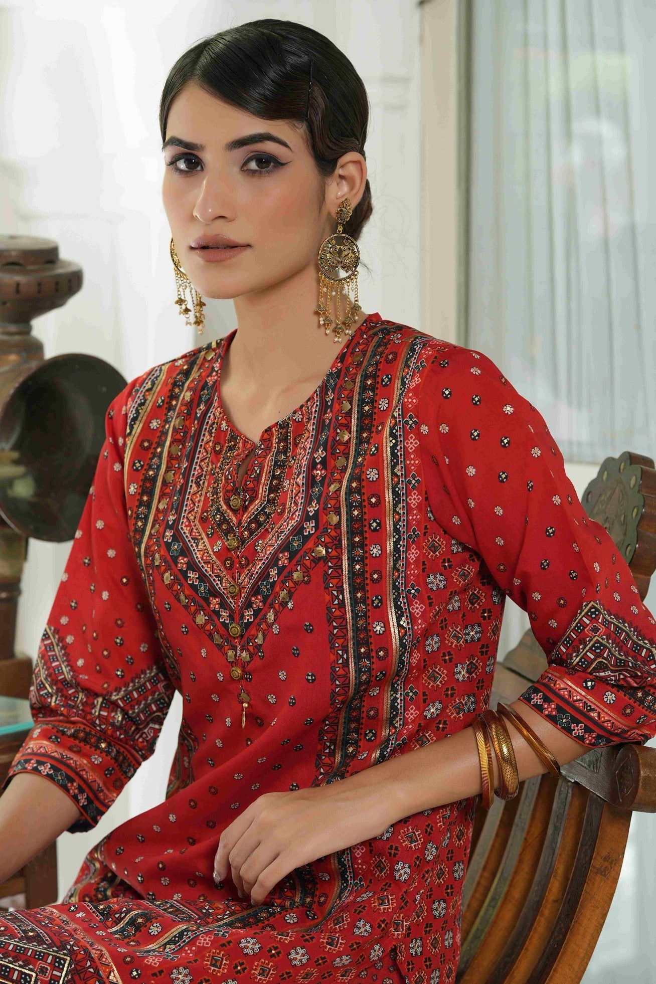 Women's  Red  Chanderi Placement Printed Double Layred Kurta Dress