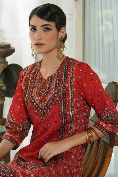 Women's  Red  Chanderi Placement Printed Double Layred Kurta Dress