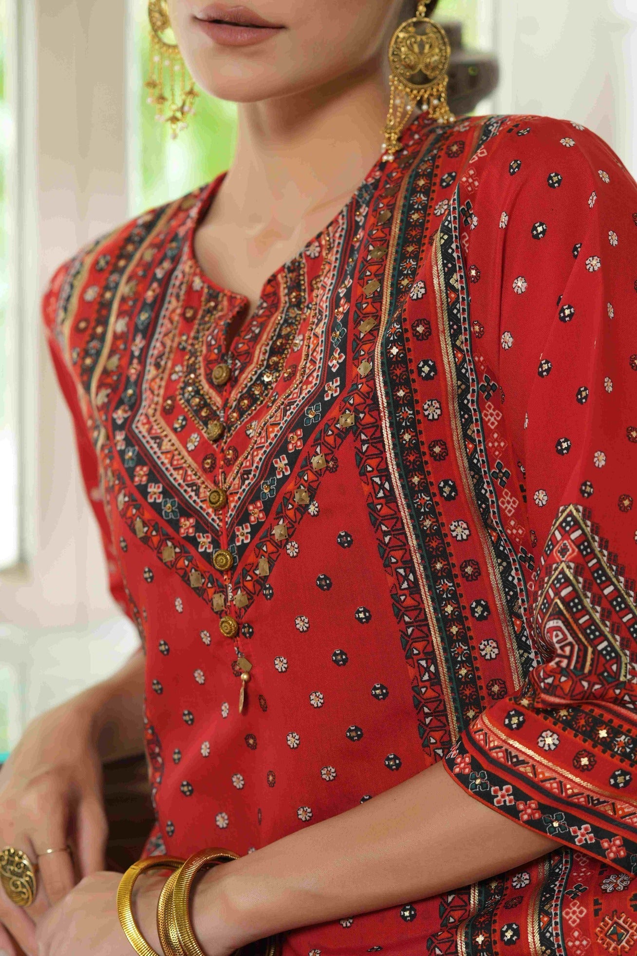 Women's  Red  Chanderi Placement Printed Double Layred Kurta Dress