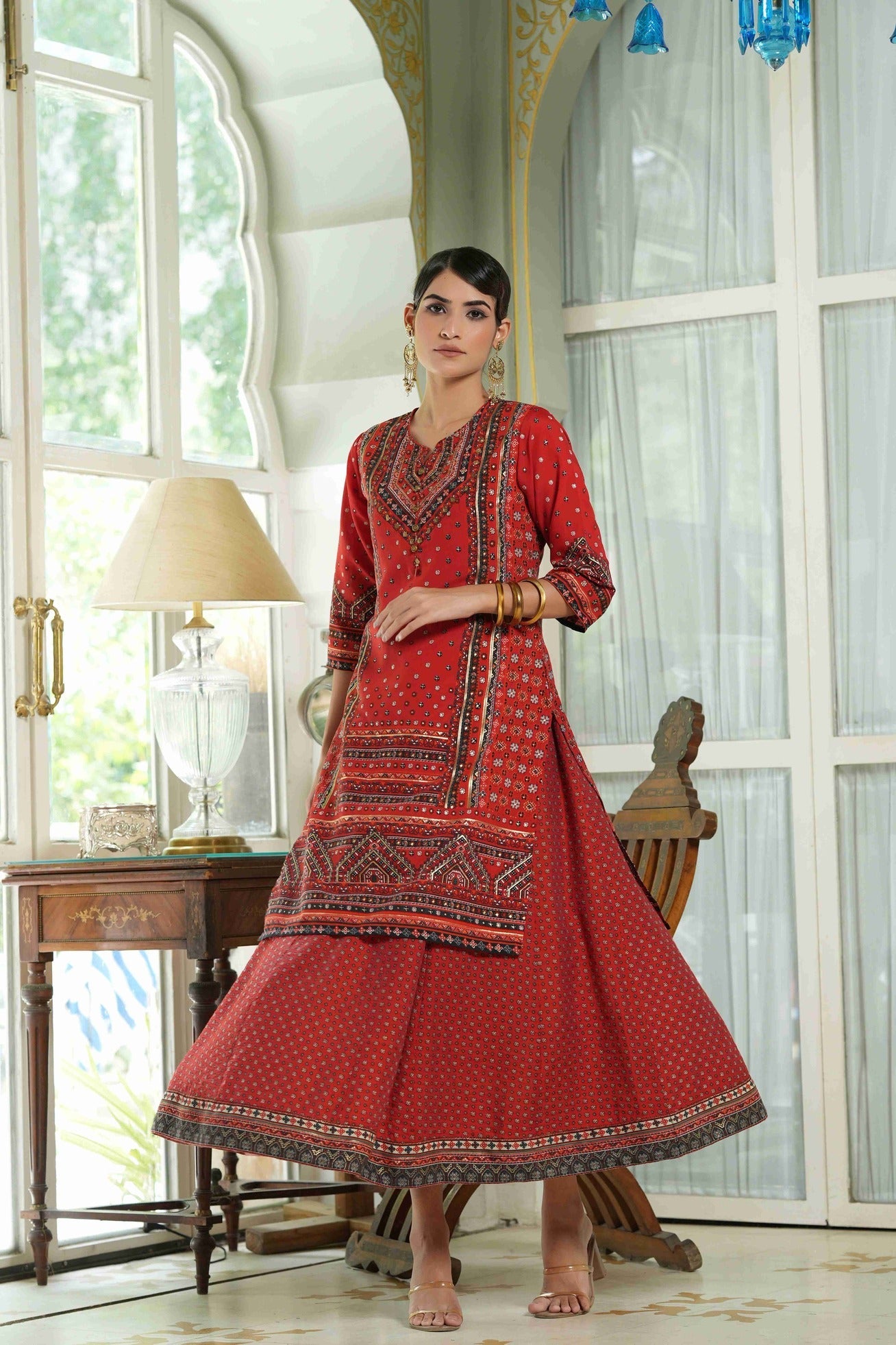 Women's  Red  Chanderi Placement Printed Double Layred Kurta Dress