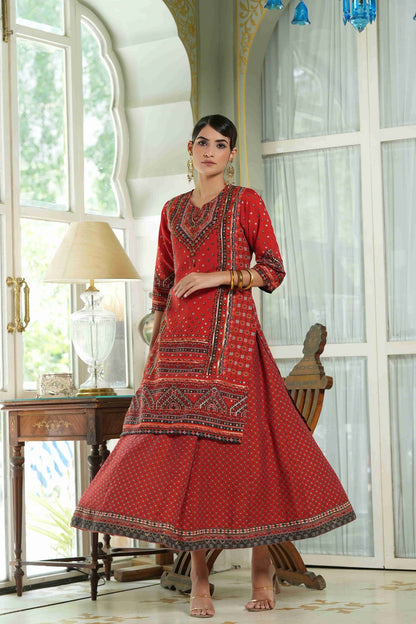 Women's  Red  Chanderi Placement Printed Double Layred Kurta Dress