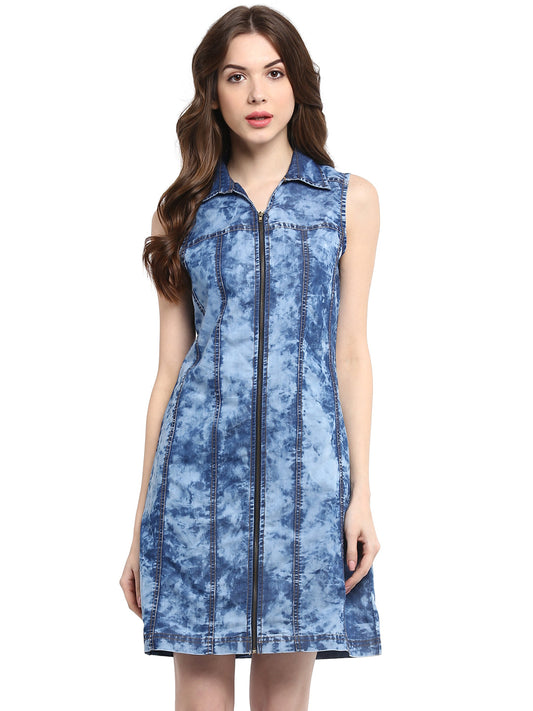 Women's  Cloud Wash Blue Zip Dress with Seam