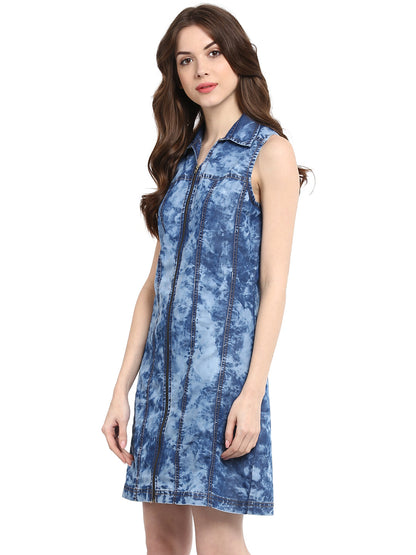 Women's  Cloud Wash Blue Zip Dress with Seam