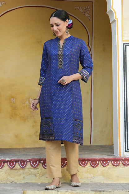 Women's  Indigo Rayon Placement Printed Straight Kurta