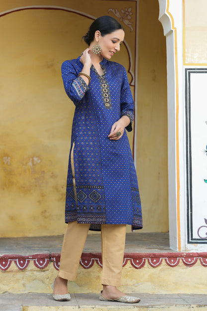 Women's  Indigo Rayon Placement Printed Straight Kurta
