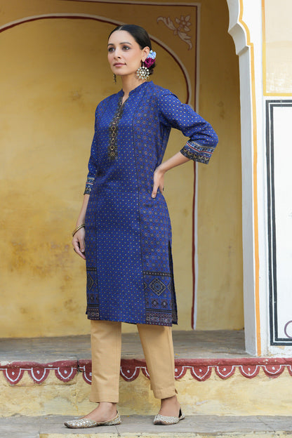 Women's  Indigo Rayon Placement Printed Straight Kurta