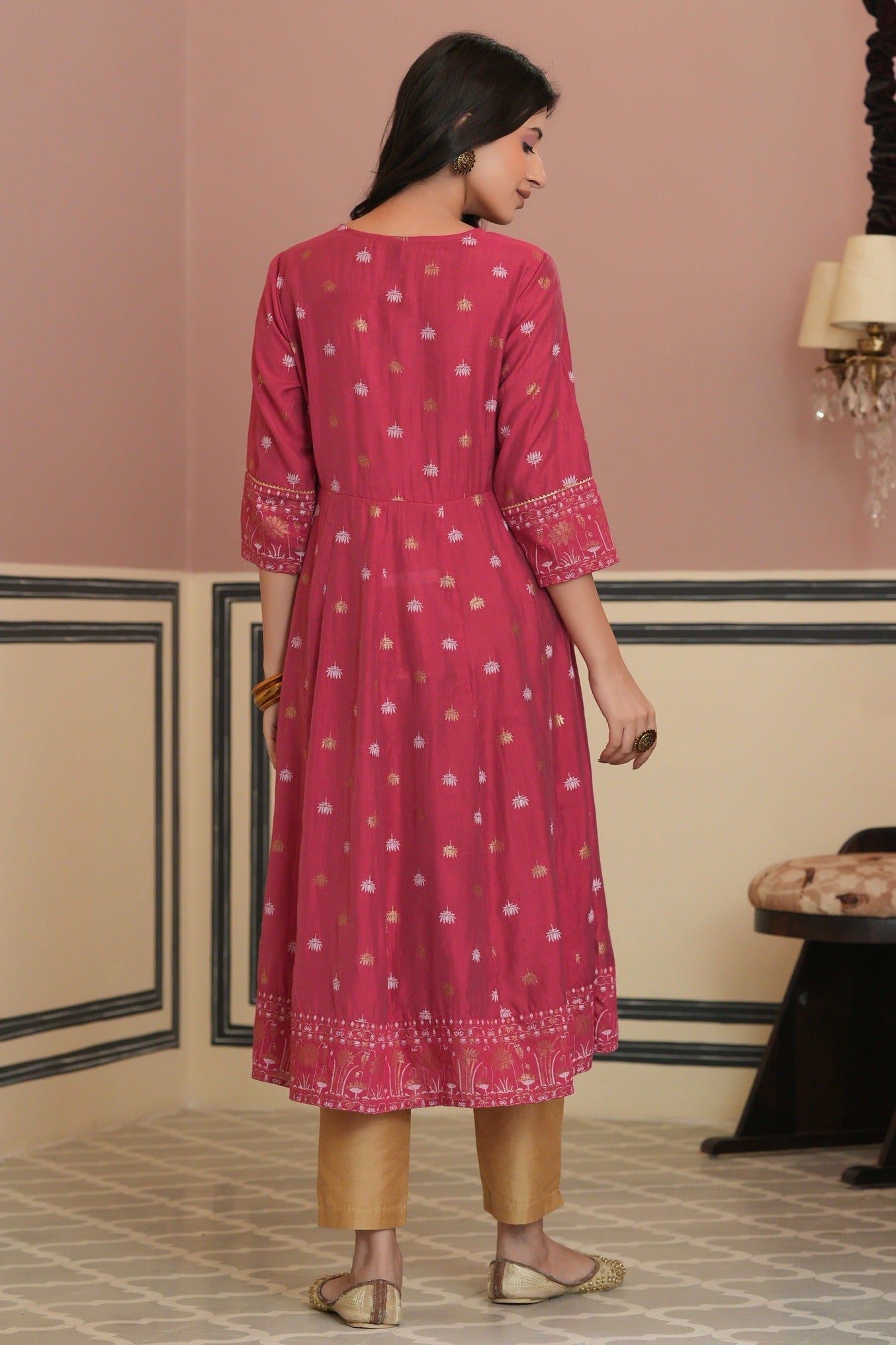 Women's  Fuchsia Rayon Festive Handwork - Sequence Anarkali Kurta For Women