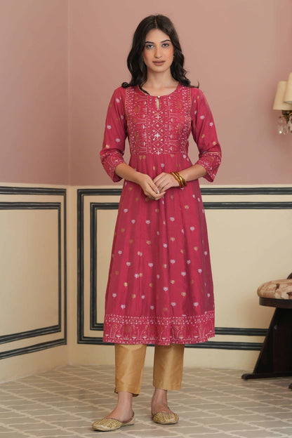 Women's  Fuchsia Rayon Festive Handwork - Sequence Anarkali Kurta For Women