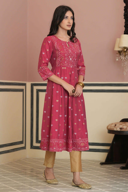Women's  Fuchsia Rayon Festive Handwork - Sequence Anarkali Kurta For Women