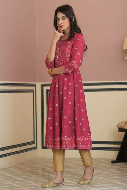 Women's  Fuchsia Rayon Festive Handwork - Sequence Anarkali Kurta For Women