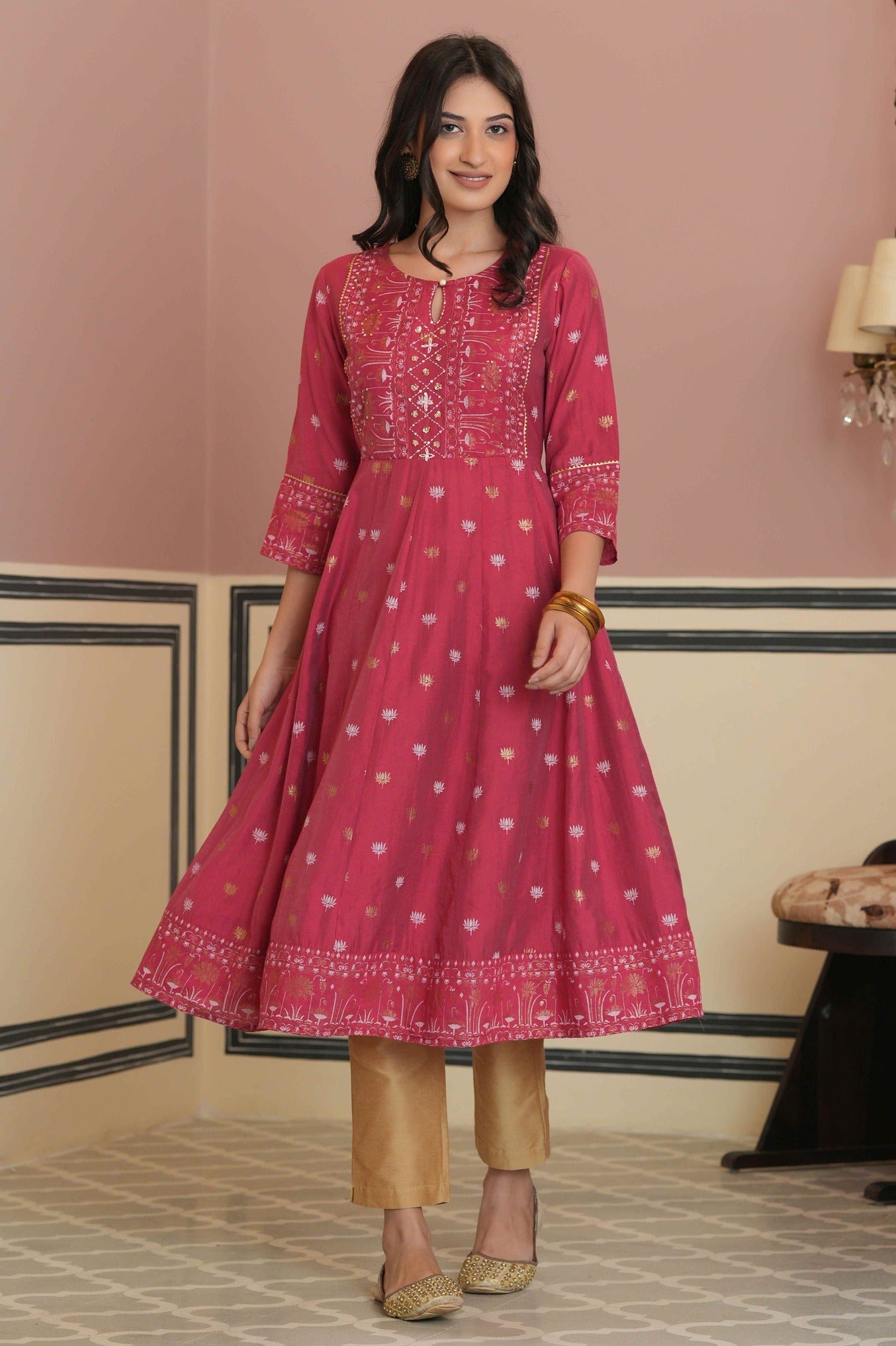 Women's  Fuchsia Rayon Festive Handwork - Sequence Anarkali Kurta For Women